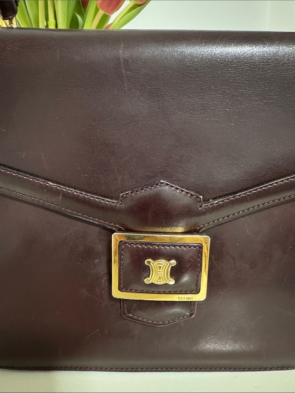 Celine Burgundy Leather Top-Handle Satchel with Gold Hardware - Picture 2 of 4